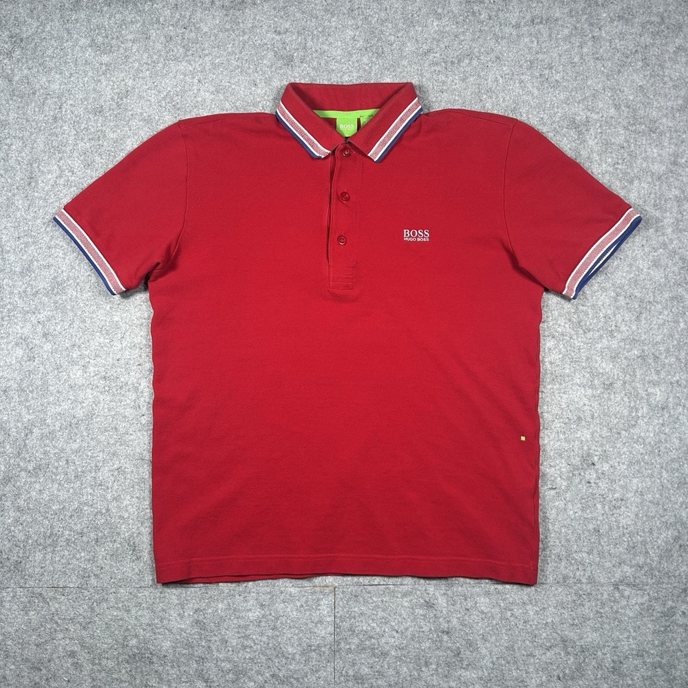 Hugo Boss Polo Shirt Men's Size Small Red Green Label Big Logo‎ Spell Out Tipped